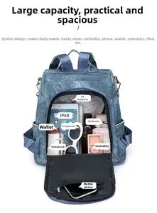 Blauer Jeansrucksack Detailansicht mit großem Stauraum für Tablets und A4-Hefte