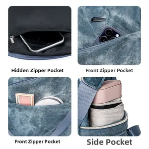 Detailansicht des Denim-Rucksacks mit Reißverschlusstaschen und Innenfächern