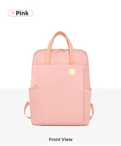 Vue de face du sac à dos en tissu Oxford rose avec poignées doubles et logo