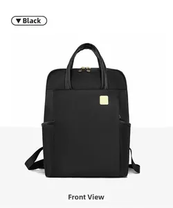 Vue avant d'un sac à dos Oxford noir minimaliste avec fermetures éclair et poignée en cuir