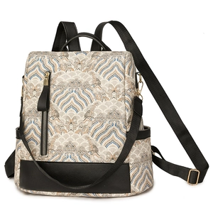 Women Vintage Ethnic Backpack Traditional Chinese Pattern Jacquard Fabric Large Capacity PU Leather Patchwork Daypack