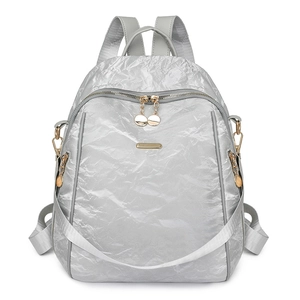Fashionable silver-grey oxford cloth backpack with pleated texture and gold hardware