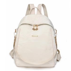 Chic beige oxford fabric backpack with golden hardware and double zipper for women