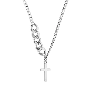 Asymmetric silver cross necklace featuring chunky Cuban links and fine chain strands