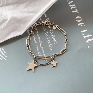 Bracciale in argento sterling S925 retrò con stella lucida e ciondolo smiley