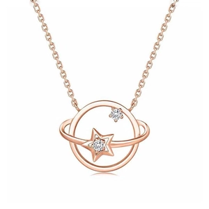 Minimalist s925 silver planet necklace with rose gold galaxy pendant and zircon on white background