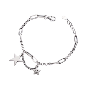 Bracciale a catena in argento sterling S925 retrò con ciondoli a stella e faccina sorridente