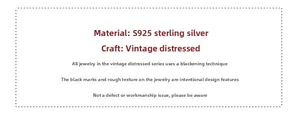 Detailed specs card for vintage s925 silver bracelet showing retro oxidized finish info