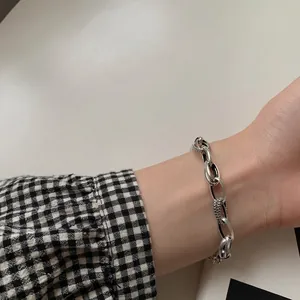Bracelet 925 Sterling Silver Thick Chain Retro Distressed Twisted Link Vintage Jewelry Women Men