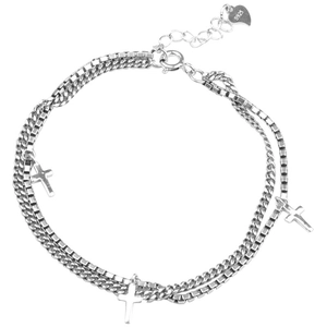 Bracciale a doppio strato in argento S925 con catena groumette, box e croci