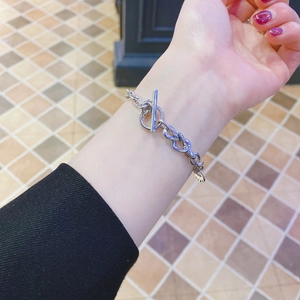 S925 sterling silver heart chain bracelet with T-bar toggle and Lucky coin charm