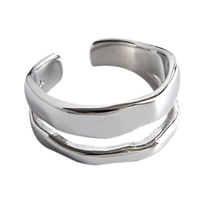 Minimalist double layer S925 sterling silver open ring with wavy asymmetrical design