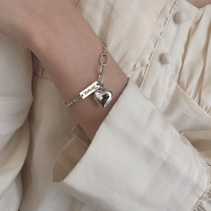 Bracelet cœur vintage en argent sterling 925 avec pendentif gravé Lucky Girl pour femme
