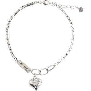 Bracelet en argent 925 avec pendentif cœur Lucky Girl et maillons de chaîne mélangés