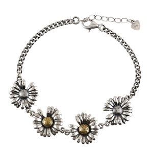 S925 sterling silver daisy bracelet featuring adjustable flat chain and golden floral centers