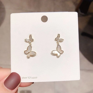 Exquisite 925 silver butterfly drop earrings with shimmering shell wings and zircon