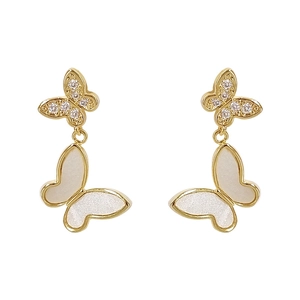 Elegant 925 silver butterfly drop earrings with gold plating and pearly shell inlays