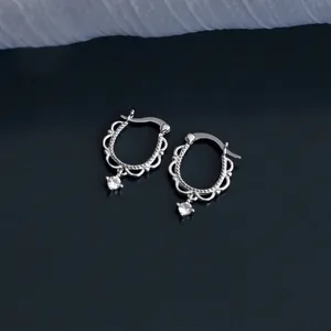 French Vintage Hollow Lace Hoop Earrings With Round Zircon Dangle And 925 Sterling Silver Earring Post Copper