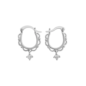 S925 sterling silver lace edge hoop earrings with hanging cubic zirconia crystals