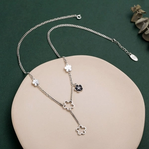 S925 sterling silver necklace with vintage floral pendants and black enamel detailing
