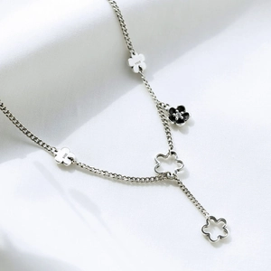 S925 sterling silver necklace featuring vintage black enamel and hollow flower pendants