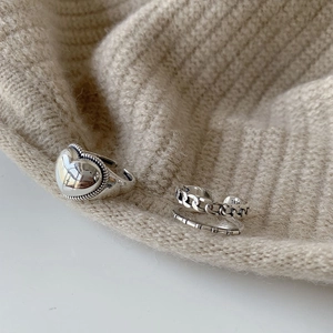 Anelli aperti vintage in argento sterling S925 con cuore e catena per le donne