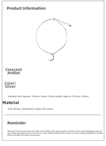 Detail view of 925 silver crescent moon anklet with cubic zirconia pendant and star charm