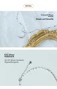 Macro detail of S925 sterling silver anklet with crescent moon and star charm