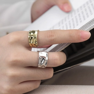 Chic S925 sterling silver wide rings with irregular hammered texture in gold and silver