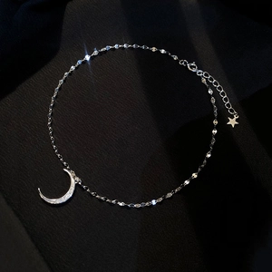 Minimalist S925 sterling silver moon anklet with sparkling zircon and star charm pendant