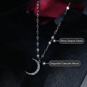 Minimalist S925 sterling silver moon anklet with zircon crescent and glitter sequin chain