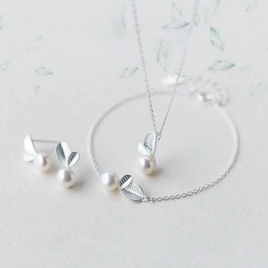 Parure Bijoux Feuille Künstliche Perle Collier Bracelet Et Boucles Oreilles Avec Tige Argent Sterling 925 Style Floral Élégant Femme