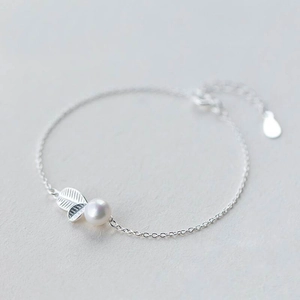 Bracelet élégant en argent S925 avec perle et feuilles délicates et chaîne ajustable