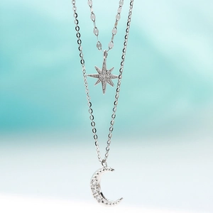 925 silver double layer necklace featuring star and crescent moon pendants with zircons