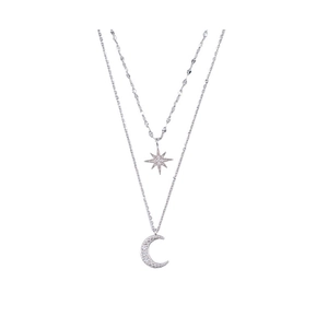 Double-layered 925 silver necklace with sparkling star and moon pendants for women