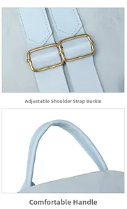 Detail of adjustable metal buckle and comfortable leather handle on blue oxford backpack