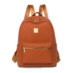 Brown geometric embossed PU leather backpack with front pocket and gold hardware