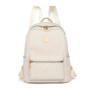 Cream white faux leather backpack with geometric embossing and gold hardware details
