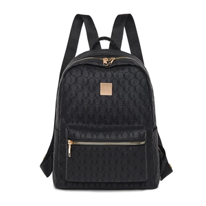 Black PU leather backpack with geometric texture and gold metal zippers for women