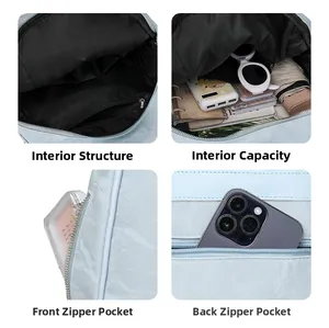 Detail view of Oxford fabric backpack showing large capacity and security pockets