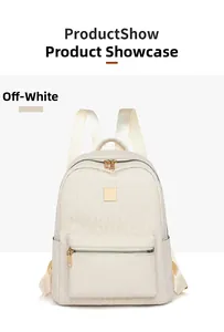 Detail view of off-white PU leather backpack featuring geometric embossed patterns