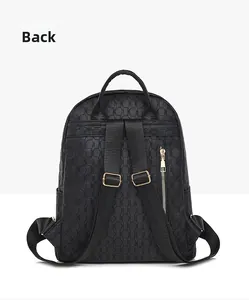 Back view of black PU backpack with hexagonal embossed texture and gold zippers