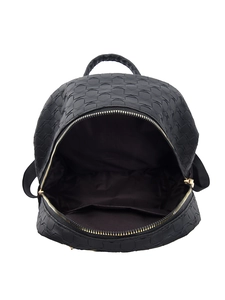 Internal view of large black woven PU backpack showing brown lining and pocket