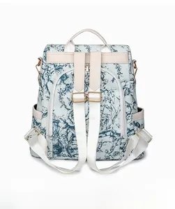 Vue arrière du sac à dos fleuri avec poche antivol et bretelles réglables blanches
