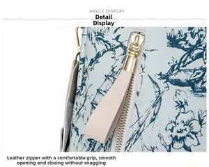 Vue détaillée du zip doré et tirette en cuir sur un sac à fleurs bleu clair texturé