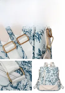 Détails d'un sac à dos en toile florale avec ferrures dorées et bretelles renforcées