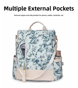 Détail d'un sac à dos en toile avec poches latérales pour smartphone et parapluie plié