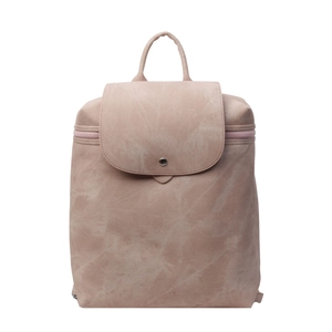Minimalist pink PU leather backpack for women featuring flap cover and metal snap closure
