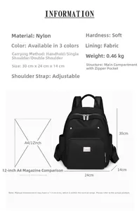 Detailed size comparison of black nylon backpack with A4 magazine showing dimensions