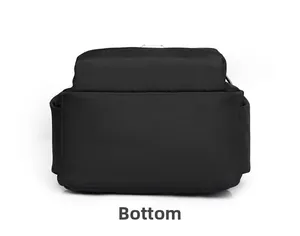 Flat rectangular bottom view of minimalist black nylon backpack with side pockets